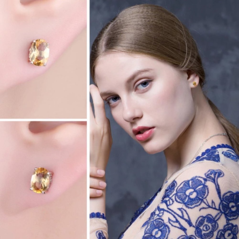 Jewelry earrings stud oval citrine yellow 925 silver November birthstone dainty
